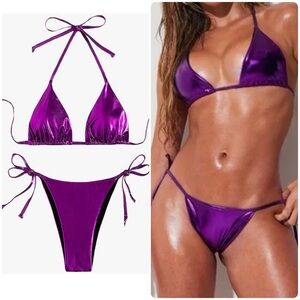 Purple Metallic Halter Tie Side Bikini Set